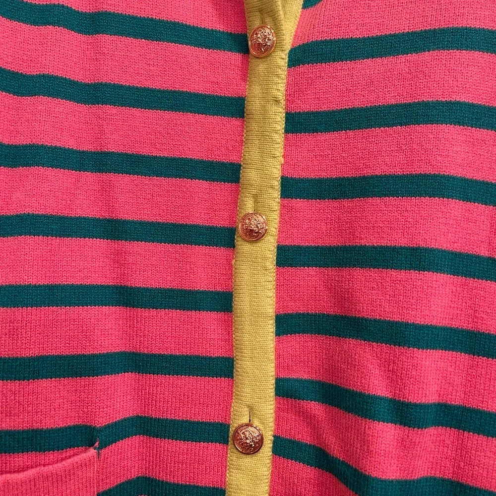Striped Pink & Teal Crewneck Cardigan with Lime Trim - Picture 3 of 6
